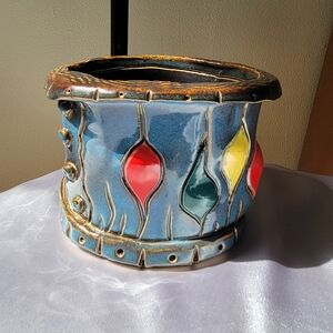 Rare Piece Vintage Handmade Decorative Bowl Signed Ceramic Pottery Blue Red Etc